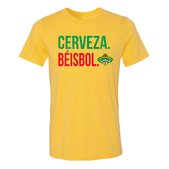 Diamantes de Arkansas 108 Stitches Cerveza Beisbol Yellow Tee